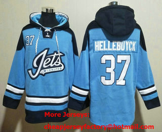 Men's Winnipeg Jets #37 Connor Hellebuyck Blue Ageless Must Have Lace Up Pullover Hoodie