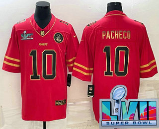 Men’s Kansas City Chiefs #10 Isiah Pacheco Red Gold Super Bowl LVII Patch Vapor Untouchable Limited Stitched Jersey