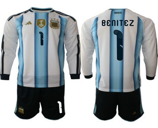 Mens Argentina National Team #1 Walter Benitez 2026 World Cup Soccer Home White Long Sleeve Jersey Suit