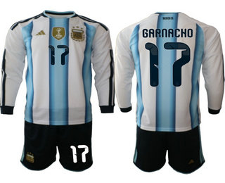 Mens Argentina National Team #17 Alejandro Garnacho Home White 2026 World Cup Soccer Long Sleeve Jersey Suit