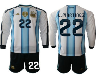 Mens Argentina National Team #22 Lautaro Martinez Home White 2026 World Cup Soccer Long Sleeve Jersey Suit
