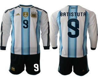 Mens Argentina National Team #9 Gabriel Batistuta 2026 World Cup Soccer Home White Long Sleeve Jersey Suit