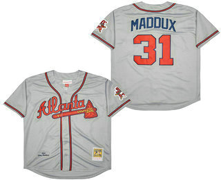 Mens Atlanta Braves #31 Greg Maddux Gray Road Throwback 1995 World Series With 30th Patch Stitched Jersey