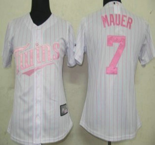 Minnesota Twins #7 Mauer White With Pink Pinstripe Womens Jersey