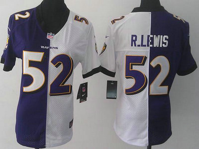 Nike Baltimore Ravens 52 Ray Lewis White and Purple Split Elite Womens Jerseys