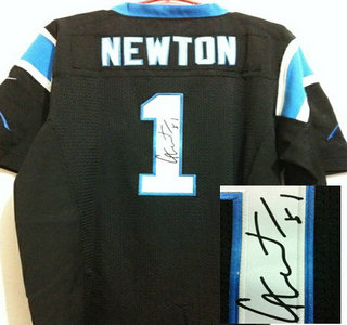 Nike Carolina Panthers #1 Cam Newton Black Signed Elite NFL Jersey