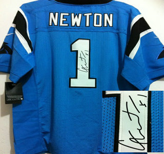 Nike Carolina Panthers #1 Cam Newton Blue Signed Elite NFL Jersey