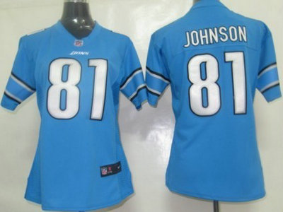 Nike Detroit Lions 81 Calvin Johnson Light Blue Womens Team Jersey