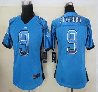 Nike Detroit Lions #9 Matthew Stafford Drift Fashion Blue Elite Womens Jersey