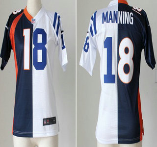 Nike Indianapolis Colts And Denver Broncos #18 Peyton Manning Blue And White Split Womens Jersey