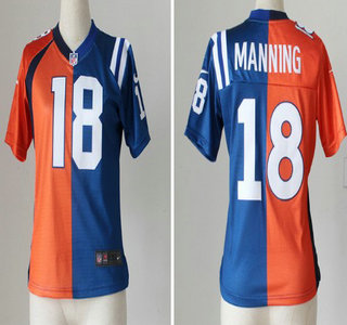 Nike Indianapolis Colts And Denver Broncos #18 Peyton Manning Orange And Blue Split Womens Jersey