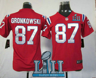 Nike New England Patriots 87 Rob Gronkowski Red 2018 Super Bowl LII Patch Game Kids Jersey