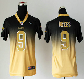 Nike New Orleans Saints #9 Drew Brees Drift Fashion II Black With Gold Elite Kids Jersey