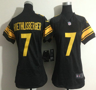 Nike Pittsburgh Steelers #7 Ben Roethlisberger Yellow Number Black Game Womens Jersey