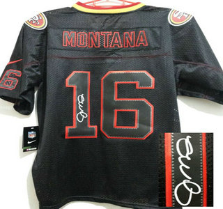 Nike San Francisco 49ers #16 Joe Montana Black Lights Out Signed Elite Jersey
