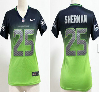 Nike Seattle Seahawks #25 Richard Sherman Navy Blue With Green Fadeaway Womens Jersey