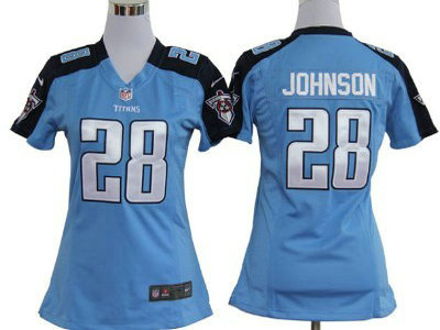 Nike Tennessee Titans 28 Chris Johnson Light Blue Game Womens Team Jersey