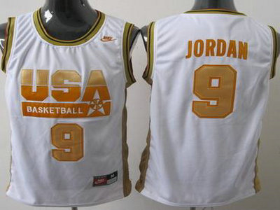 Olympic USA 9 Jordan White Basketball Jersey Yellow Number
