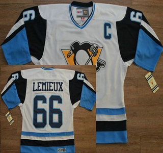 Pittsburgh Penguins 66 Mario Lemieux White With Light Blue Throwback CCM Jersey