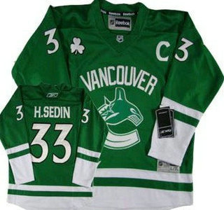 Vancouver Canucks #33 Henrik Sedin St. Patrick's Day Green Kids Jersey