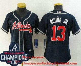 Women's Atlanta Braves #13 Ronald Acuna Jr Navy 2021 World Series Champions Stitched Cool Base Nike Jersey