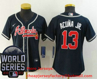 Women's Atlanta Braves #13 Ronald Acuna Jr Navy 2021 World Series Stitched Cool Base Nike Jersey