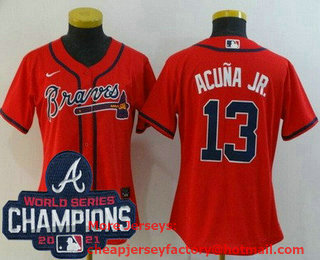 Women's Atlanta Braves #13 Ronald Acuna Jr Red 2021 World Series Champions Stitched Cool Base Nike Jersey