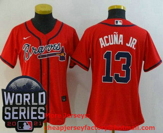 Women's Atlanta Braves #13 Ronald Acuna Jr Red 2021 World Series Stitched Cool Base Nike Jersey