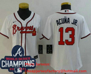 Women's Atlanta Braves #13 Ronald Acuna Jr White 2021 World Series Champions Stitched Cool Base Nike Jersey
