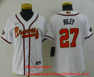 Women's Atlanta Braves #27 Austin Riley 2022 White Gold World Series Champions Program Cool Base Stitched Jersey