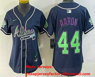 Women's Atlanta Braves #44 Hank Aaron Navy Galaxy With Outkast Patch Vapor Limited Stitched Jersey