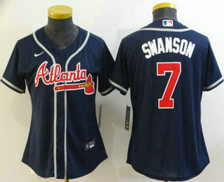 Women's Atlanta Braves #7 Dansby Swanson Navy Blue Stitched MLB Cool Base Nike Jersey