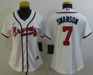 Women's Atlanta Braves #7 Dansby Swanson White Stitched MLB Cool Base Nike Jersey