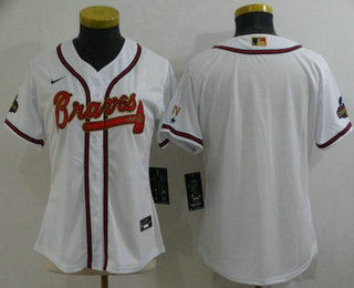 Women's Atlanta Braves Blank 2022 White Gold World Series Champions Program Cool Base Stitched Baseball Jersey