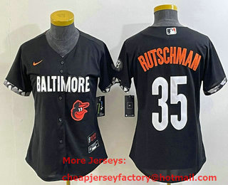 Women's Baltimore Orioles #35 Adley Rutschman Black 2023 City Connect Cool Base Stitched Jersey 01