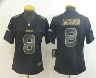 Women's Baltimore Ravens #8 Lamar Jackson Black Gold 2019 Vapor Untouchable Stitched NFL Nike Limited Jersey
