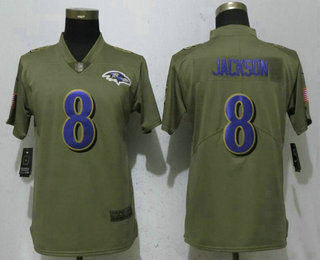 Women's Baltimore Ravens #8 Lamar Jackson Olive 2017 Salute To Service Stitched NFL Nike Limited Jersey