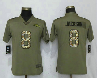 Women's Baltimore Ravens #8 Lamar Jackson Olive With Camo 2017 Salute To Service Stitched NFL Nike Limited Jersey