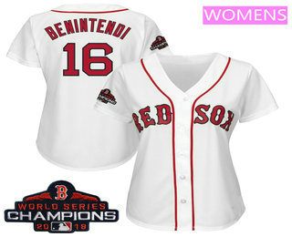 Women's Boston Red Sox #16 Andrew Benintendi White 2018 MLB World Series Champions Patch Home Stitched MLB Cool Base Jersey