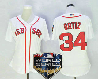 Women's Boston Red Sox #34 David Ortiz Name White 2018 World Series Patch Home Stitched MLB Cool Base Jersey