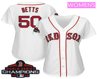Women's Boston Red Sox #50 Mookie Betts White 2018 MLB World Series Champions Patch Home Stitched MLB Cool Base Jersey