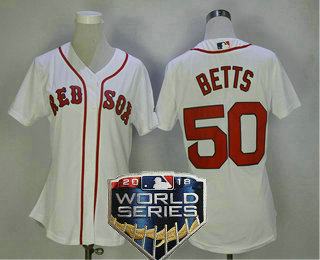 Women's Boston Red Sox #50 Mookie Betts White Home 2018 World Series Patch Stitched MLB Cool Base Jersey