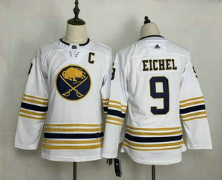 Women's Buffalo Sabres #9 Jack Eichel White With Gold C Patch and 50th Anniversary Adidas Stitched NHL Jersey