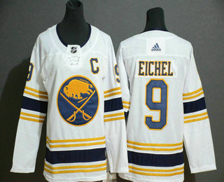Women's Buffalo Sabres #9 Jack Eichel White With Gold C Patch and 50th Anniversary Adidas Stitched NHL Jersey