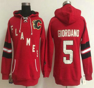 Women's Calgary Flames #5 Mark Giordano Old Time Hockey Red Hoodie