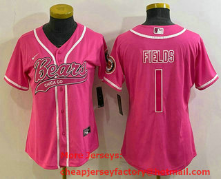 Women's Chicago Bears #1 Justin Fields Pink With Patch Cool Base Stitched Baseball Jersey