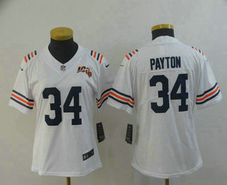 Women's Chicago Bears #34 Walter Payton White 2019 100th seasons Patch Vapor Untouchable Stitched NFL Nike Alternate Classic Limited Jersey