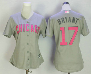 Women's Chicago Cubs #17 Kris Bryant Gray with Pink Mother's Day Stitched MLB Cool Base Jersey