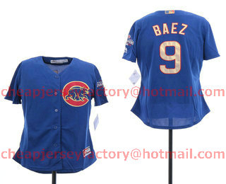 Women's Chicago Cubs #9 Javier Baez Blue World Series Champions Gold Stitched MLB 2017 Cool Base Jersey