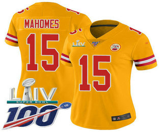 Women's Chiefs #15 Patrick Mahomes Gold 2020 Super Bowl LIV Stitched Nike NFL Limited Inverted Legend 100th Season Jersey